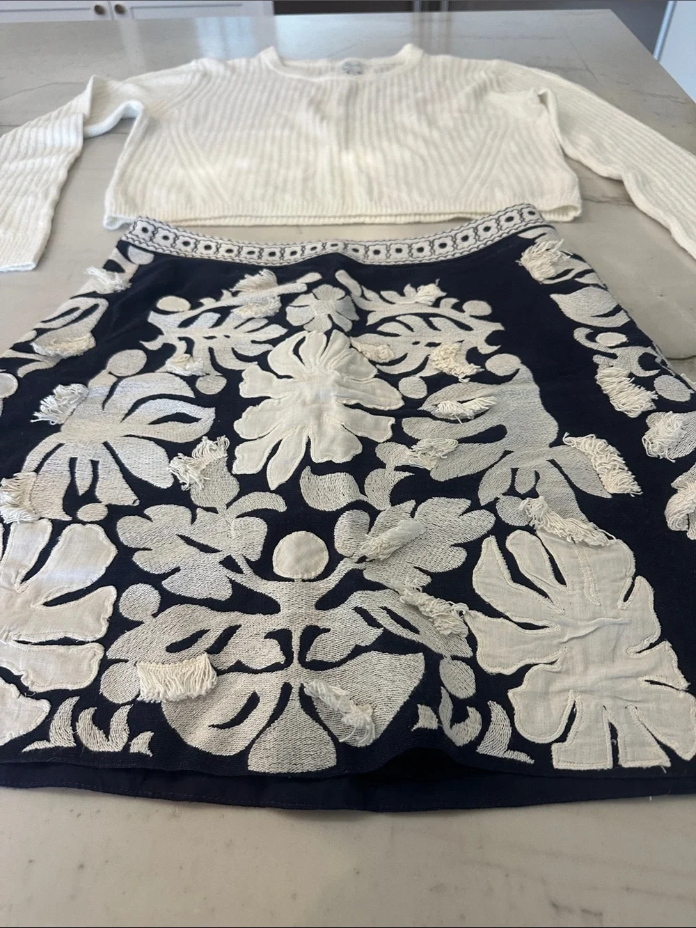 Maeve Navy Mini Skirt with White Floral Embroidery & Knit Sweater Set